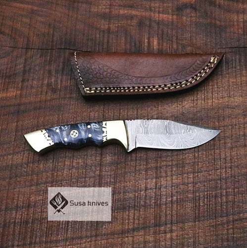 Damascus Bushcraft Knife with Epoxy Resin Scales - Hunting, Camping, Fixed Blade, Christmas, Anniversary Gift Men, Unique Knife, EDC - SUSA KNIVES