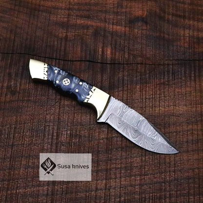 Damascus Bushcraft Knife with Epoxy Resin Scales - Hunting, Camping, Fixed Blade, Christmas, Anniversary Gift Men, Unique Knife, EDC - SUSA KNIVES