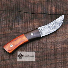 Load image into Gallery viewer, Damascus Bushcraft Knife with Walnut and Red DW Scales - Hunting, Camping, Fixed Blade, Christmas, Anniversary Gift Men, Unique Knife, - SUSA KNIVES
