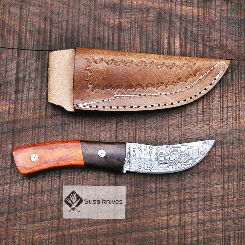 Damascus Bushcraft Knife with Walnut and Red DW Scales - Hunting, Camping, Fixed Blade, Christmas, Anniversary Gift Men, Unique Knife, - SUSA KNIVES