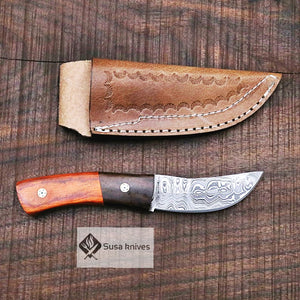 Damascus Bushcraft Knife with Walnut and Red DW Scales - Hunting, Camping, Fixed Blade, Christmas, Anniversary Gift Men, Unique Knife, - SUSA KNIVES