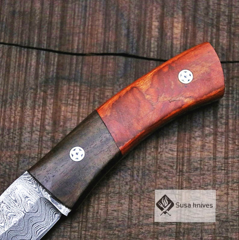 Damascus Bushcraft Knife with Walnut and Red DW Scales - Hunting, Camping, Fixed Blade, Christmas, Anniversary Gift Men, Unique Knife, - SUSA KNIVES