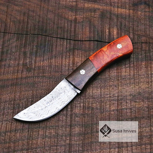 Damascus Bushcraft Knife with Walnut and Red DW Scales - Hunting, Camping, Fixed Blade, Christmas, Anniversary Gift Men, Unique Knife, - SUSA KNIVES