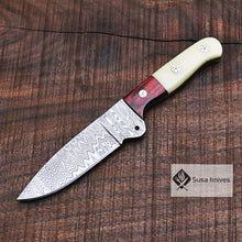 Load image into Gallery viewer, Damascus Bushcraft Knife with Camel Bone Scales - Camping, Survival, Unique Gift for Men, Gift for Dad, Christmas Gift for Him, EDC, Hiking - SUSA KNIVES
