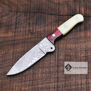 Damascus Bushcraft Knife with Camel Bone Scales - Camping, Survival, Unique Gift for Men, Gift for Dad, Christmas Gift for Him, EDC, Hiking - SUSA KNIVES