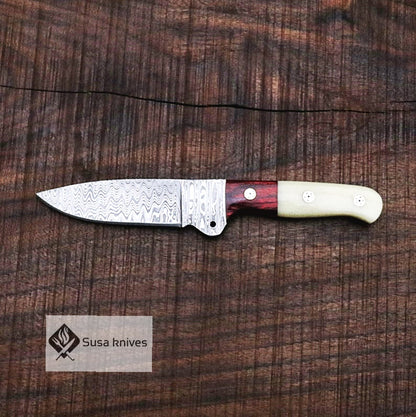 Damascus Bushcraft Knife with Camel Bone Scales - Camping, Survival, Unique Gift for Men, Gift for Dad, Christmas Gift for Him, EDC, Hiking - SUSA KNIVES