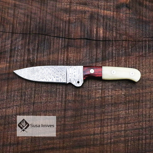 Damascus Bushcraft Knife with Camel Bone Scales - Camping, Survival, Unique Gift for Men, Gift for Dad, Christmas Gift for Him, EDC, Hiking - SUSA KNIVES
