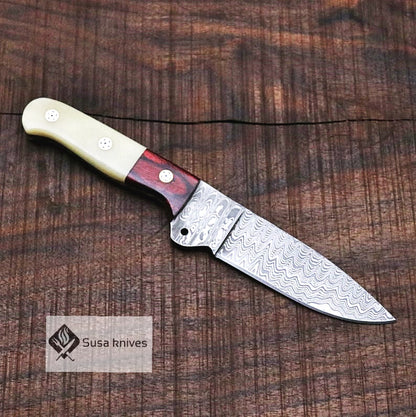 Damascus Bushcraft Knife with Camel Bone Scales - Camping, Survival, Unique Gift for Men, Gift for Dad, Christmas Gift for Him, EDC, Hiking - SUSA KNIVES