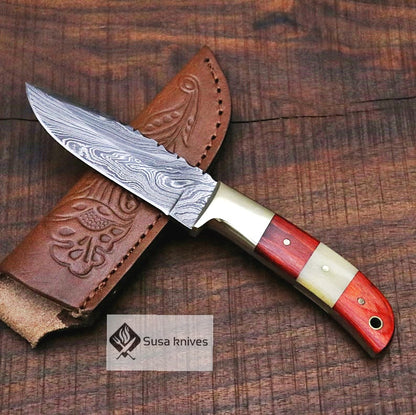 Handmade Damascus Bushcraft Knife - Hunting, Camping, Fixed Blade, Christmas, Anniversary Gift Men, Unique Knife, EDC, Fixed Blade, Survival - SUSA KNIVES