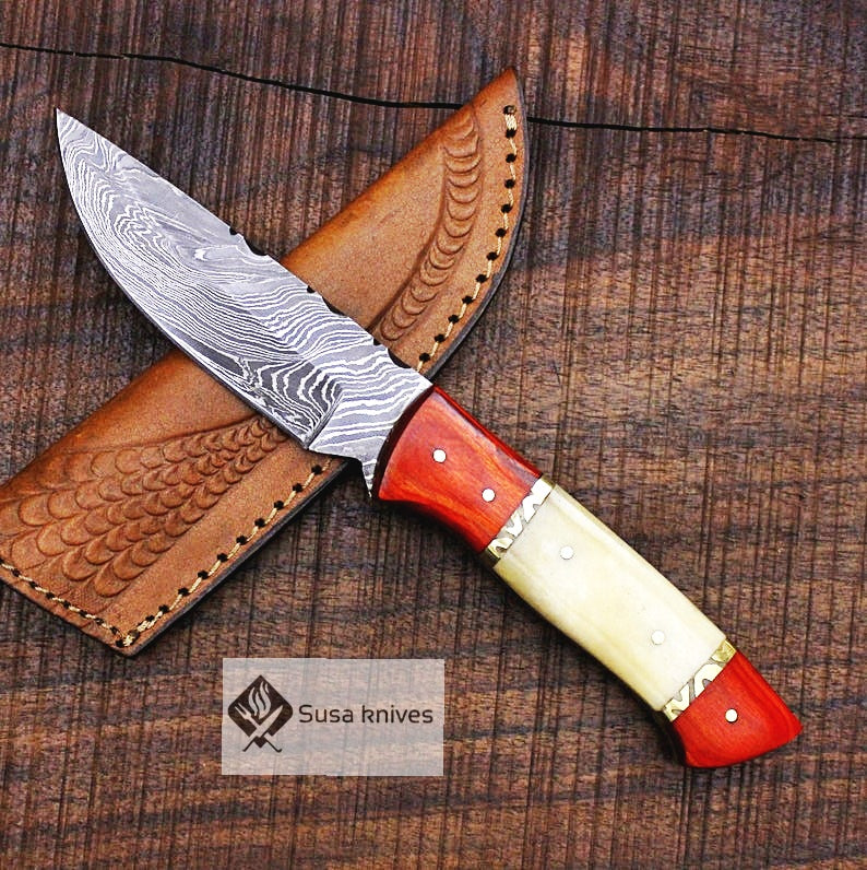 9.5" Damascus Bushcraft Knife - Hunting, Camping, Fixed Blade, Christmas, Anniversary Gift Men, Unique Knife, EDC, Fixed Blade, Survival - SUSA KNIVES