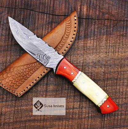 9.5" Damascus Bushcraft Knife - Hunting, Camping, Fixed Blade, Christmas, Anniversary Gift Men, Unique Knife, EDC, Fixed Blade, Survival - SUSA KNIVES