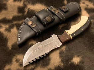 Damascus Tracker Knife Hunting Knife buffalo bone/buffalo horn/Walnut wood, Ladder Pattern, Blank +Sheath - SUSA KNIVES
