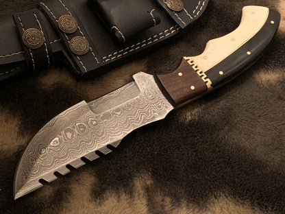 Damascus Tracker Knife Hunting Knife buffalo bone/buffalo horn/Walnut wood, Ladder Pattern, Blank +Sheath - SUSA KNIVES