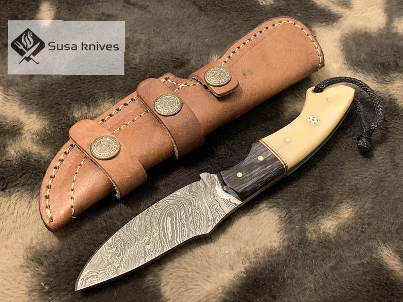 Damascus Steel blade- Bone wood Brass spacer & black exotic sheet scale - SUSA KNIVES