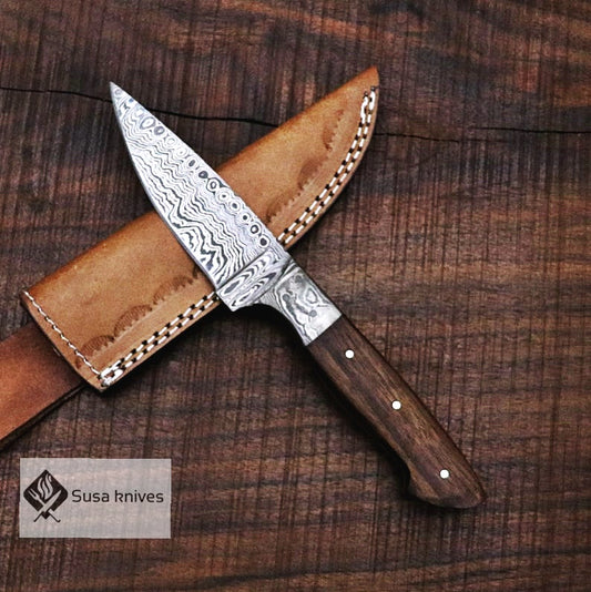 Handmade Bushcraft Damascus Steel Knife with Walnut Wood Handle - Hunting, Camping, Survival, Anniversary Gift, Gift for dad, Men's Gift - SUSA KNIVES
