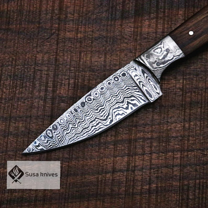 Handmade Bushcraft Damascus Steel Knife with Walnut Wood Handle - Hunting, Camping, Survival, Anniversary Gift, Gift for dad, Men's Gift - SUSA KNIVES