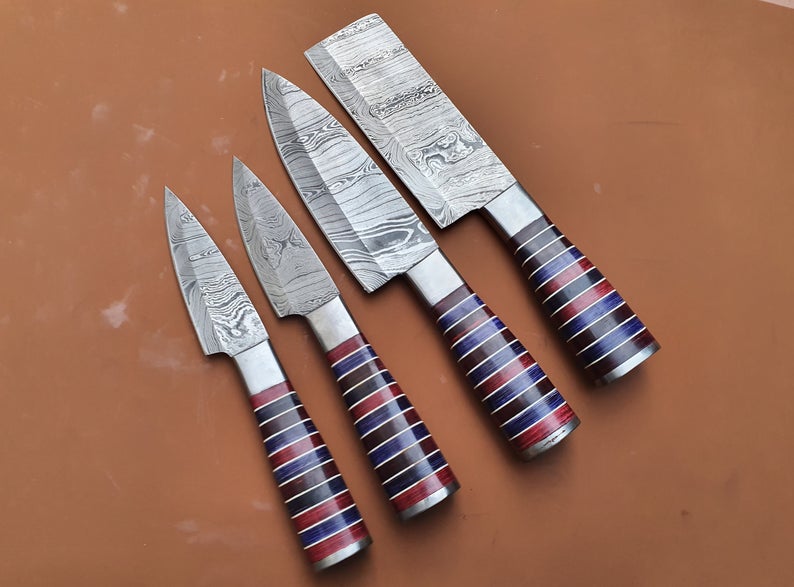 Set of 4 Custom Handmade Damascus Steel Chef Knife - SUSA KNIVES