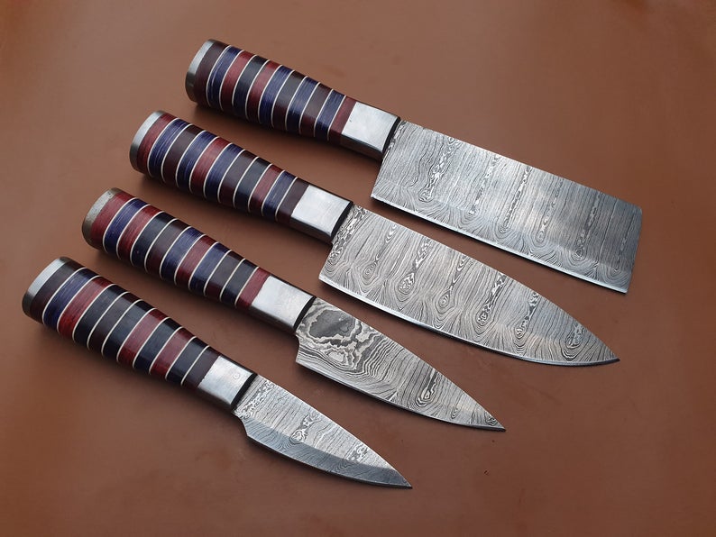 Set of 4 Custom Handmade Damascus Steel Chef Knife - SUSA KNIVES