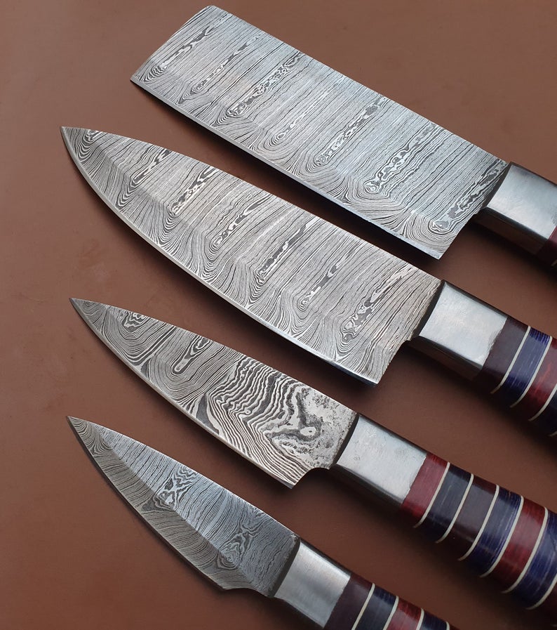Set of 4 Custom Handmade Damascus Steel Chef Knife - SUSA KNIVES