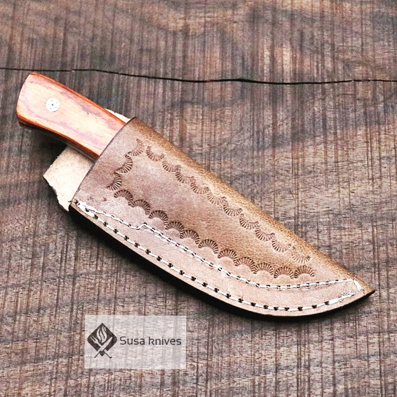Damascus Bushcraft Knife with Walnut and Red DW Scales - Hunting, Camping, Fixed Blade, Christmas, Anniversary Gift Men, Unique Knife, - SUSA KNIVES