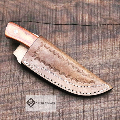 Damascus Bushcraft Knife with Walnut and Red DW Scales - Hunting, Camping, Fixed Blade, Christmas, Anniversary Gift Men, Unique Knife, - SUSA KNIVES