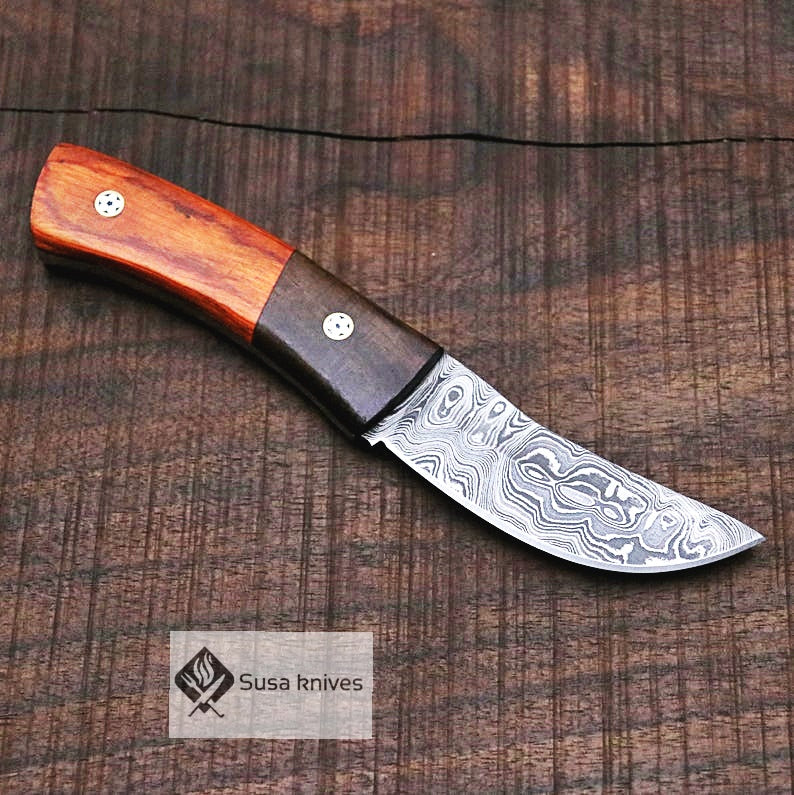 Damascus Bushcraft Knife with Walnut and Red DW Scales - Hunting, Camping, Fixed Blade, Christmas, Anniversary Gift Men, Unique Knife, - SUSA KNIVES