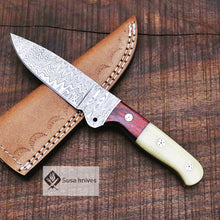 Load image into Gallery viewer, Damascus Bushcraft Knife with Camel Bone Scales - Camping, Survival, Unique Gift for Men, Gift for Dad, Christmas Gift for Him, EDC, Hiking - SUSA KNIVES
