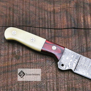 Damascus Bushcraft Knife with Camel Bone Scales - Camping, Survival, Unique Gift for Men, Gift for Dad, Christmas Gift for Him, EDC, Hiking - SUSA KNIVES