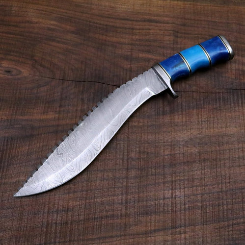 Seven seas Gurkha / Kukri Knife in Damascus Steel and Blue Dyed Camel Bone Handle - Camping / Machete / Hunting Knife / Unique Knife / Bowie - SUSA KNIVES