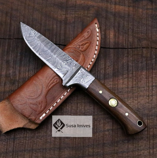 Damascus Bushcraft Knife with Walnut Wood Scales - Hunting, Camping, Fixed Blade, Groomsmen, Anniversary Gift Men, Unique Knife, EDC, - SUSA KNIVES