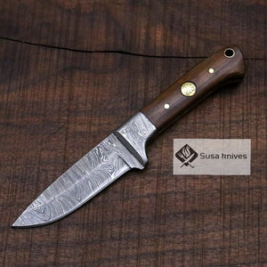 Damascus Bushcraft Knife with Walnut Wood Scales - Hunting, Camping, Fixed Blade, Groomsmen, Anniversary Gift Men, Unique Knife, EDC, - SUSA KNIVES