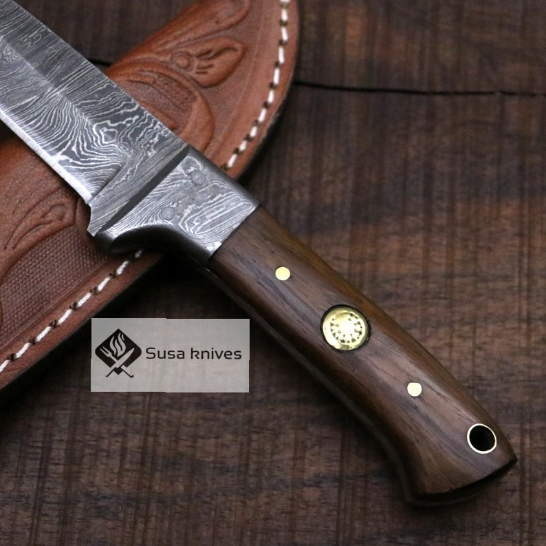 Damascus Bushcraft Knife with Walnut Wood Scales - Hunting, Camping, Fixed Blade, Groomsmen, Anniversary Gift Men, Unique Knife, EDC, - SUSA KNIVES