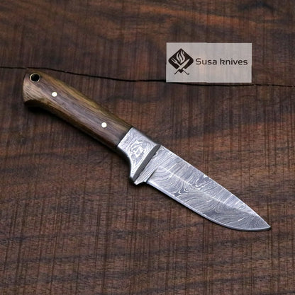 Damascus Bushcraft Knife with Walnut Wood Scales - Hunting, Camping, Fixed Blade, Groomsmen, Anniversary Gift Men, Unique Knife, EDC, - SUSA KNIVES