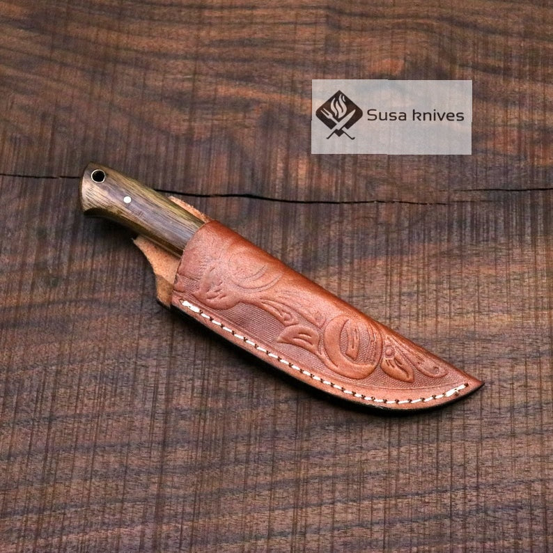 Damascus Bushcraft Knife with Walnut Wood Scales - Hunting, Camping, Fixed Blade, Groomsmen, Anniversary Gift Men, Unique Knife, EDC, - SUSA KNIVES
