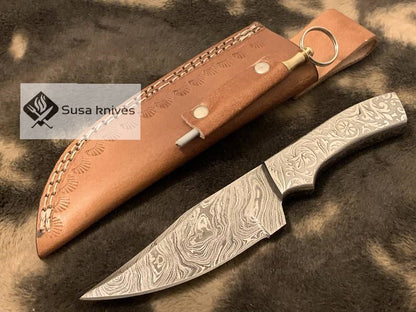 Limited Addition Damascus Steel Blade- custom handmade carved scale - SUSA KNIVES
