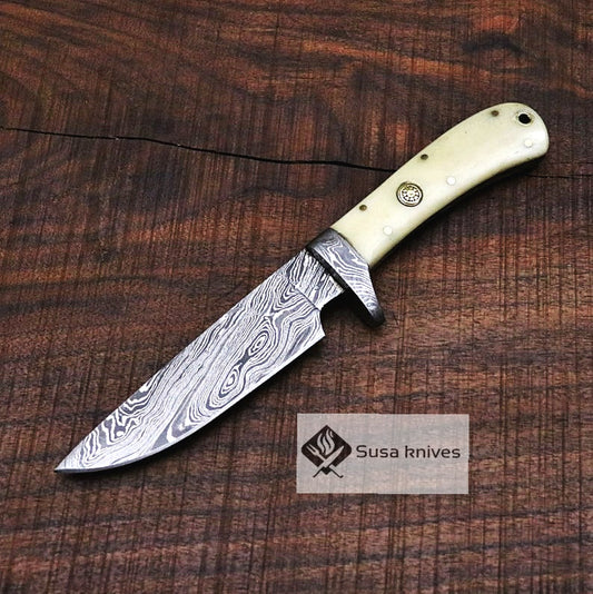 Damascus Bushcraft Knife with Camel Bone Scales - Hunting, Camping, Fixed Blade, Groomsmen, Anniversary Gift Men, Unique Knife, EDC, - SUSA KNIVES
