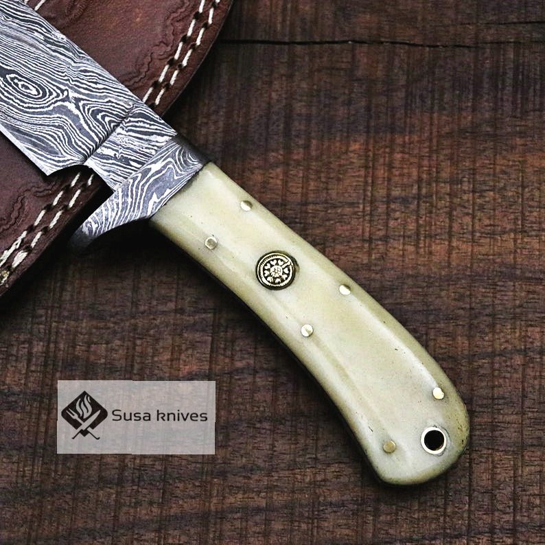Damascus Bushcraft Knife with Camel Bone Scales - Hunting, Camping, Fixed Blade, Groomsmen, Anniversary Gift Men, Unique Knife, EDC, - SUSA KNIVES