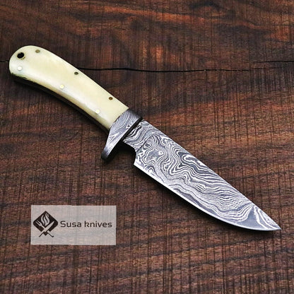 Damascus Bushcraft Knife with Camel Bone Scales - Hunting, Camping, Fixed Blade, Groomsmen, Anniversary Gift Men, Unique Knife, EDC, - SUSA KNIVES