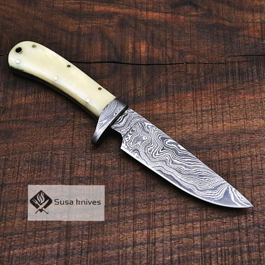 Damascus Bushcraft Knife with Camel Bone Scales - Hunting, Camping, Fixed Blade, Groomsmen, Anniversary Gift Men, Unique Knife, EDC, - SUSA KNIVES