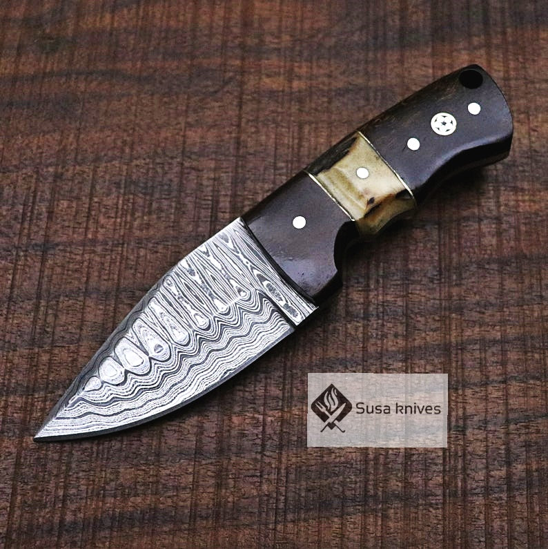 Small Damascus Knife - Skinning / Bushcraft / hiking / camping / hunting / Groomsmen Best Man / Anniversary Gift for Men / Unique Knive Small Damascus  Knife - Skinning / Bushcraft / hiking / camping / hunting / Groomsmen Best Man / Unique Knives - SUSA KNIVES