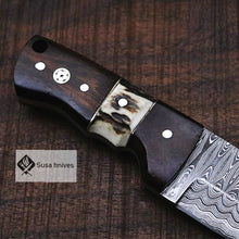 Load image into Gallery viewer, Small Damascus Knife - Skinning / Bushcraft / hiking / camping / hunting / Groomsmen Best Man / Anniversary Gift for Men / Unique Knive Small Damascus  Knife - Skinning / Bushcraft / hiking / camping / hunting / Groomsmen Best Man / Unique Knives - SUSA KNIVES
