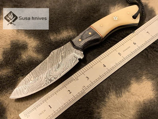 Damascus Steel blade- Bone wood Brass spacer & black exotic sheet scale - SUSA KNIVES