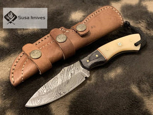 Damascus Steel blade- Bone wood Brass spacer & black exotic sheet scale - SUSA KNIVES