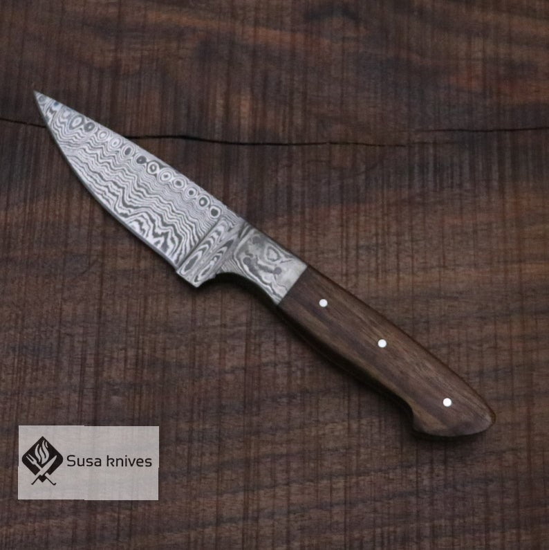 Handmade Bushcraft Damascus Steel Knife with Walnut Wood Handle - Hunting, Camping, Survival, Anniversary Gift, Gift for dad, Men's Gift - SUSA KNIVES