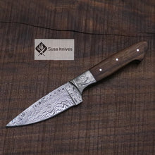 Load image into Gallery viewer, Handmade Bushcraft Damascus Steel Knife with Walnut Wood Handle - Hunting, Camping, Survival, Anniversary Gift, Gift for dad, Men&#39;s Gift - SUSA KNIVES
