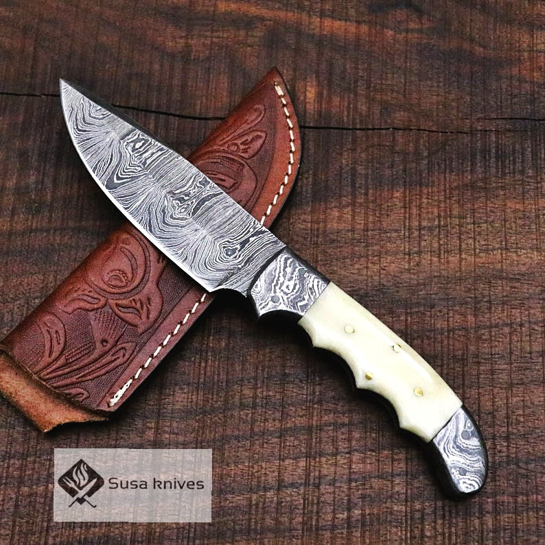 Damascus Bushcraft Knife with Camel Bone Scales - Hunting, Camping, Fixed Blade, Groomsmen, Anniversary Gift Men, Unique Knife, EDC, - SUSA KNIVES