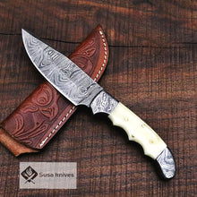 Load image into Gallery viewer, Damascus Bushcraft Knife with Camel Bone Scales - Hunting, Camping, Fixed Blade, Groomsmen, Anniversary Gift Men, Unique Knife, EDC, - SUSA KNIVES
