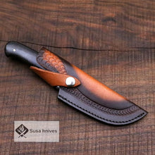Load image into Gallery viewer, Damascus Bushcraft Knife with Black Micarta Scales - Hunting, Camping, Fixed Blade, Groomsmen, Anniversary Gift Men, Unique Knife, EDC, - SUSA KNIVES
