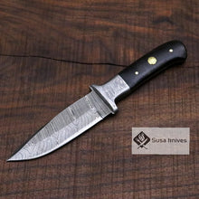 Load image into Gallery viewer, Damascus Bushcraft Knife with Black Micarta Scales - Hunting, Camping, Fixed Blade, Groomsmen, Anniversary Gift Men, Unique Knife, EDC, - SUSA KNIVES
