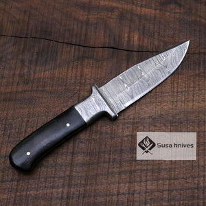 Damascus Bushcraft Knife with Black Micarta Scales - Hunting, Camping, Fixed Blade, Groomsmen, Anniversary Gift Men, Unique Knife, EDC, - SUSA KNIVES